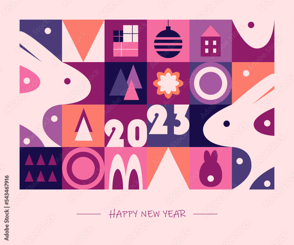 New Year card in modern design with winter elements. Colorful vector illustration in flat geometric cartoon style New Year card in modern design with winter elements. Colorful vector illustration in flat geometric cartoon style