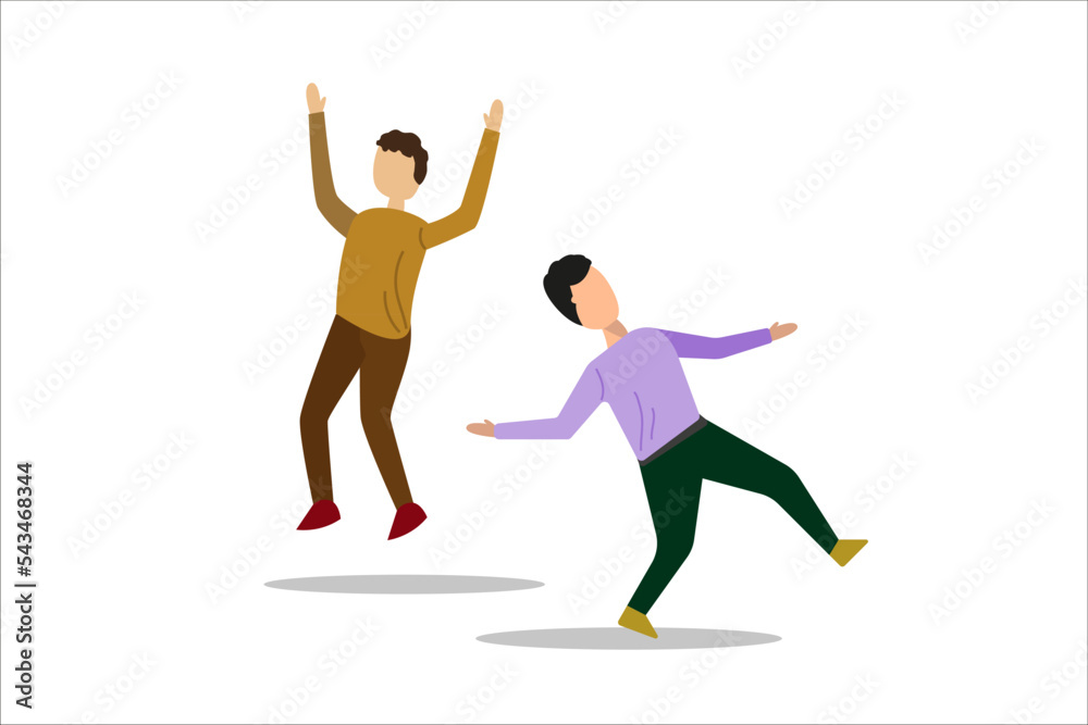 Happy dancing people. Friends dance, club female and male dancers. Exciting music party, disco dancing friends character flat vector illustration. Vector illustration