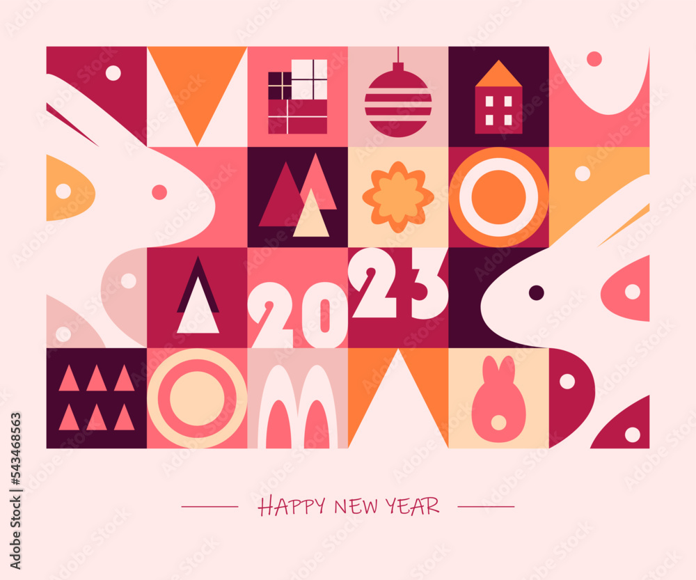 New Year card in modern design with winter elements. Colorful vector illustration in flat geometric cartoon style