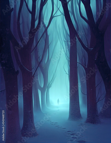 Mysterious path in winter forest. Footprints on snow, lonely distant silhouette. Vertical, generative AI illustration