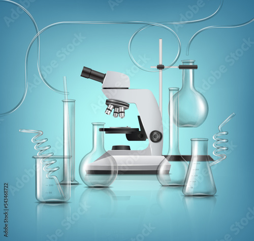 3d realistic vector icon.  Pharmaceutical and medical background. Laboratory glassware with test tubes, beakers and pipeline and microscope.