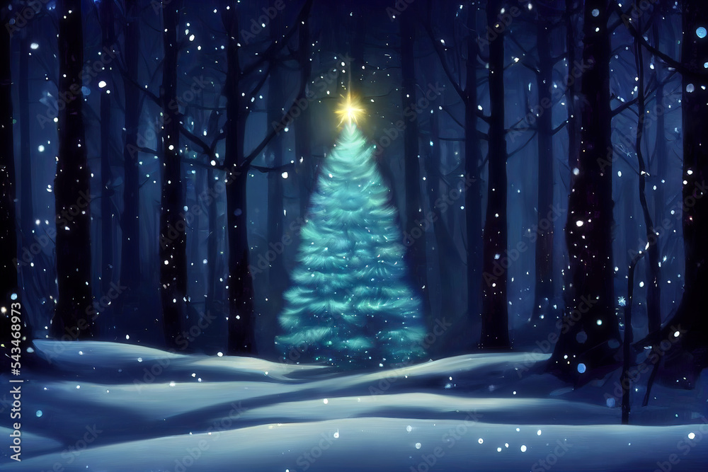 Beautiful Christmas tree deep in a winter forest at night. Generative AI illustration