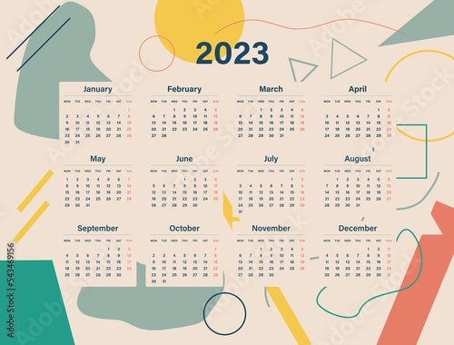 Calendar 2023. Multicolored, geometric shapes. Calendar for the year by months