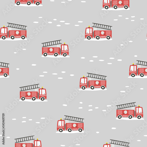 Seamless pattern with cute cartoon fire engines. Flat style.