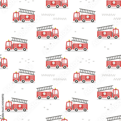 Seamless pattern with cute cartoon fire engines. Flat style.