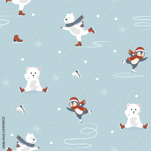 White bears and penguins do ice skating and smiling seamless pattern