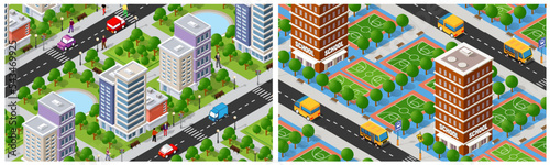 Cityscape illustration using 3D isometric view of houses, streets