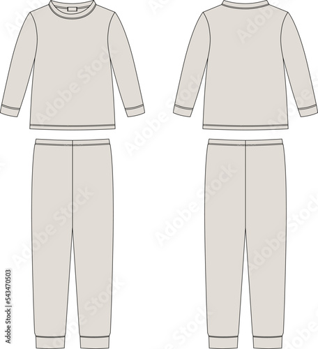 Childrens cotton sweatshirt and pants. Grey color. Apparel pajamas technical sketch. Kids outline nighwear design template