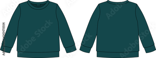 Technical sketch sweatshirt. Dark green color. Kids wear jumper design template.