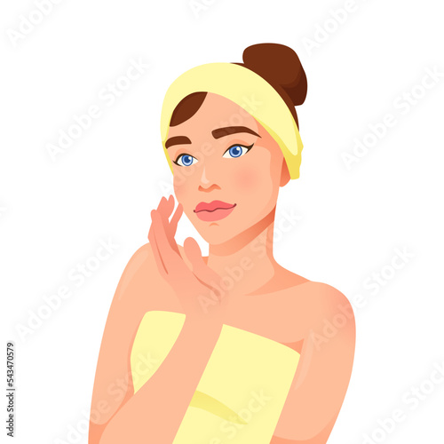 Beauty woman with clean skin care in cartoon style. Vector illustration isolated on white background.