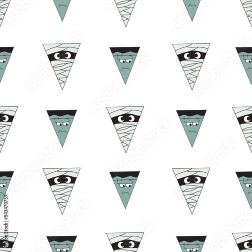 seamless repeat pattern with simple cute mummy and Frankenstein pattern on a white background perfect for fabric, scrap booking, wallpaper, gift wrap, Halloween projects