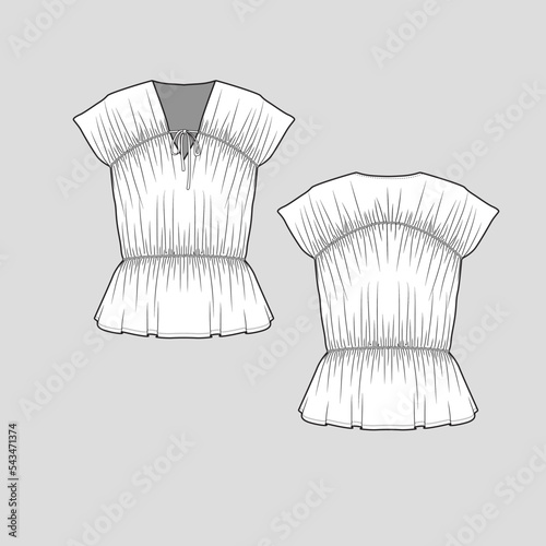 Gathering  Knot neck top V Neck gathering shirred Ruched Fashion flat sketch technical drawing template design vector