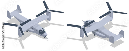 Isometric United States Air Force V-22B Osprey tiltrotor military aircraft. Tiltrotor for military operations. V STOL military transport aircraft photo