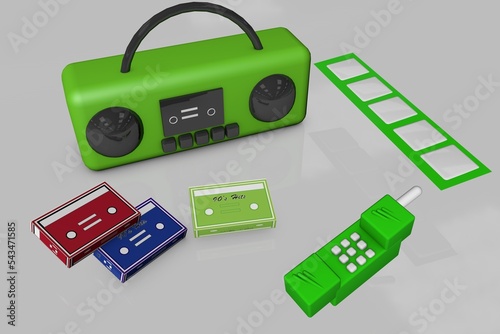 90's era 3d tape audio player cassette illustration cordless phone picture reel