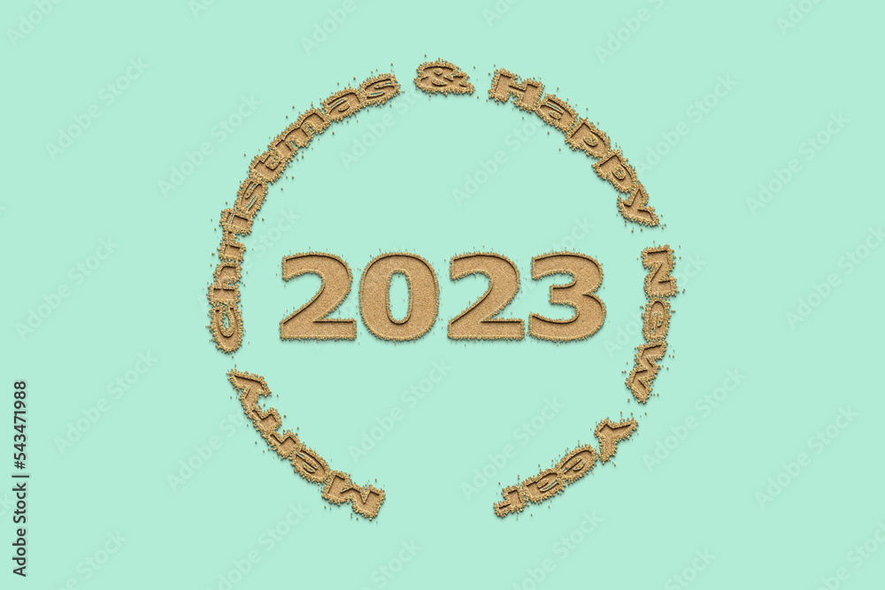3D illustration New Year concept 2023 design with text sand design on a beach glass color background.