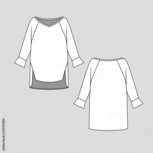 V Neck Raglan Sleeve Dress front slit  High low dip hem Long Sleeve dresses fashion flat sketch technical drawing template design vector