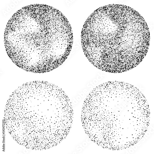 Vector set of circles from chaotic dots. Halftone and noisy speckle.