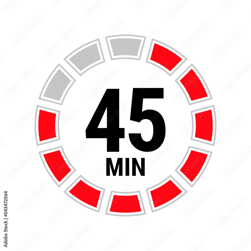 45 minute vector icon, stopwatch symbol, countdown. Isolated illustration with timer.