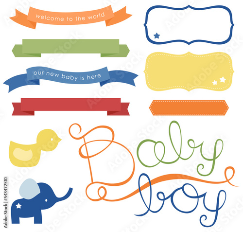 set of banner ribbons and labels for newborn baby boy cards