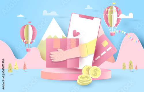 online shopping and delivery. Podium blue background.