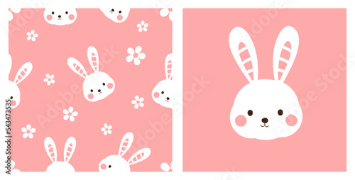 Seamless pattern with rabbit bunny cartoons and daisy flower on pink background. Cute rabbit face vector.