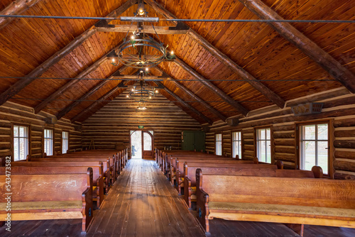 Interior view of the Hope Wilderness Chapel in Dogwood Canyon Nature Park photo