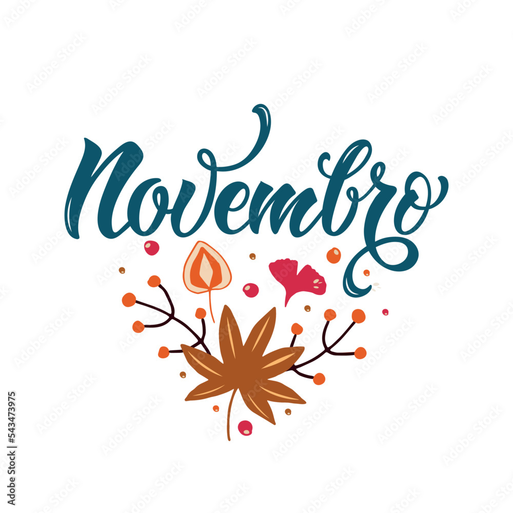 Obraz premium Novembro (November in Portuguese) handwritten phrase. Hand lettering and illustration of autumnal leaves as card, poster, emblem, logo, banner. Seasonal greetings, brush calligraphy isolated on white