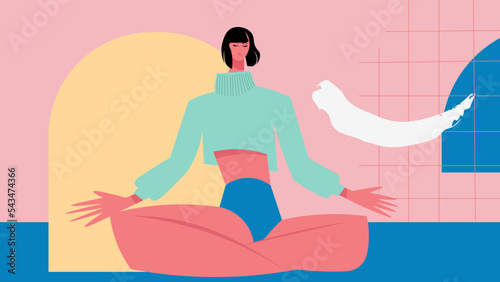 Pleine conscience, bien-être, sérénité, personnage féminin qui pratique du yoga