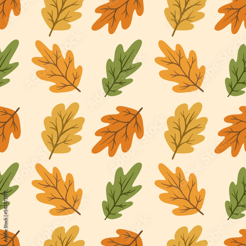 Autumn Vector Seamless Pattern With Multicolored Oak Leaves. Forest Natural Print, Background, Textile Design, Packaging Paper. Leaves In Autumn Colors.