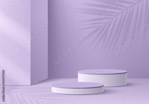 Realistic purple, white 3D cylinder pedestal podium with palm leaf shadow overlay background. Minimal scene mockup products display, Stage for showcase. Vector geometric forms. Abstract studio room.