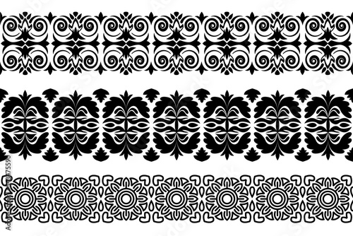 Black and white ornate trim pattern. Seamless monochrome lace. Endless repeating pattern.