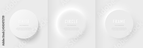 Set of 3D round circles frame on white gray background with light and shadow. Abstract geometric pedestal podium for product display or copy space in top view, Minimal neumorphism design. Vector EPS10 photo