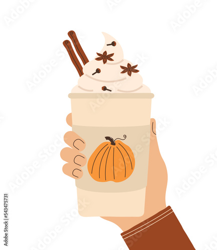 Pumpkin spice latte in hand. Hand holding coffee in paper cup. Hot delicious seasonal drink with whipped cream. Flat vector illustration isolated on white background.