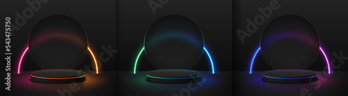 Set of realistic black 3D cylinder podium with red, green, blue glowing circle neon lighting lines and round backdrop. Futuristic minimal wall scene. Mockup products, Stage showcase, geometric forms.