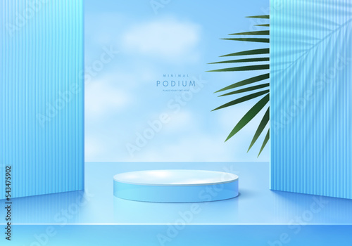 Realistic 3D blue crystal glass cylinder pedestal podium with green palm leaf and sky background. Minimal wall scene mockup products stage showcase, Promotion display. Vector abstract geometric forms.