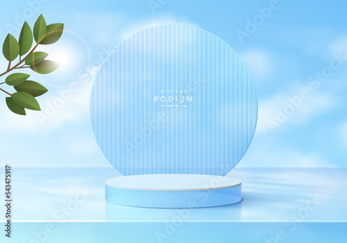 Realistic 3D blue crystal glass cylinder pedestal podium with green leaf and sky background. Minimal wall scene mockup products stage for showcase, Promotion display. Vector abstract geometric forms.