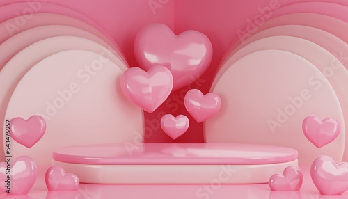  3d render valentine's day with pink podium display for product in love and heart with cylinder podium stand to show cosmetic product on background.

