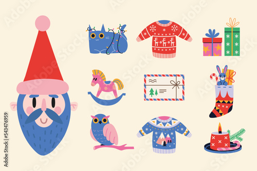 Collection with Christmas attributes, Santa Claus and decorative elements, cartoon style. Cozy mood for winter. Trendy modern vector illustration, hand drawn, flat design