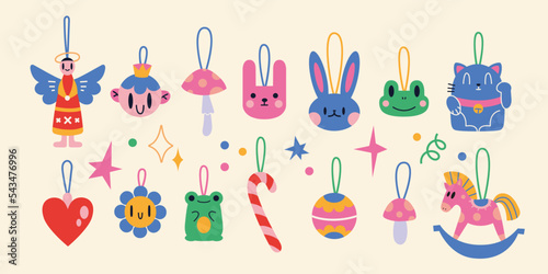 Christmas baubles and ornaments set. Xmas holiday toys and decor.Animal-shaped decoration and figures for fir tree. Trendy modern vector illustration, hand drawn, flat design.