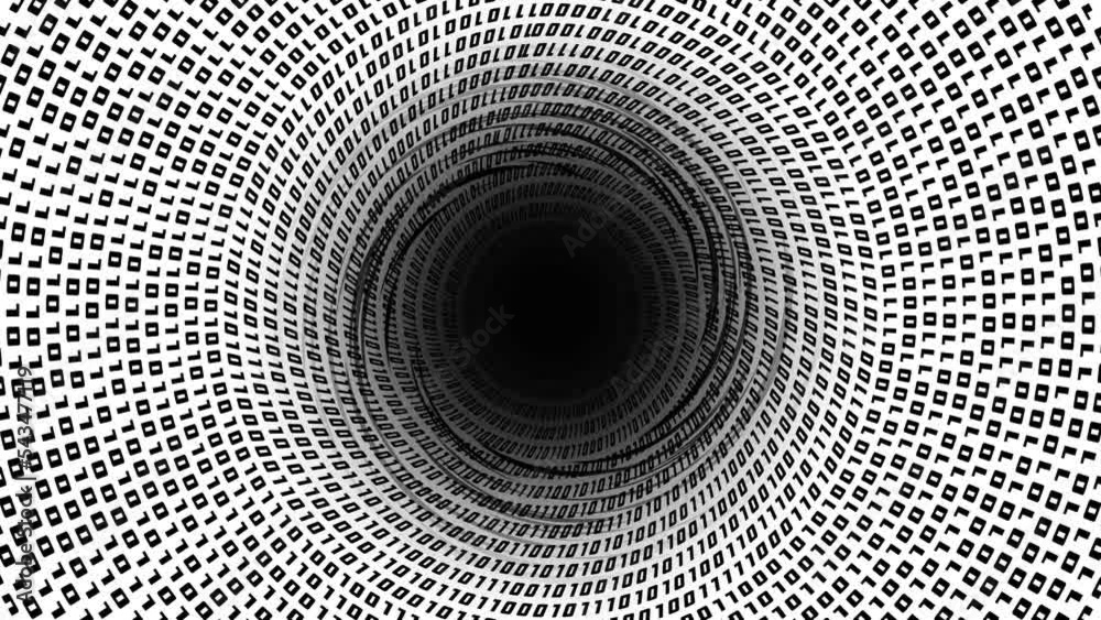Binary code on white background pulled into black hole