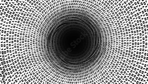 Binary code on white background pulled into black hole photo