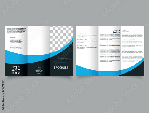 tri-fold brochure design with blue and black wave. Flyer for printing.