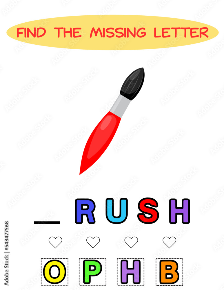 Find missing letter.Red brush. Educational spelling game for kids.Education puzzle for children