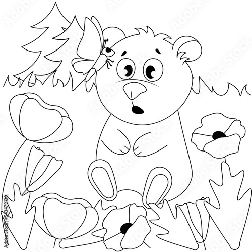 Vector coloring pages with cute bear sits in a meadow with poppies in the woods with a butterfly on his head. Cartoon contour illustration isolated on white background