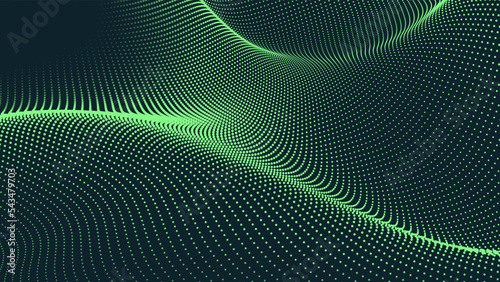 Wave of flowing particles on a dark background. Abstract backdrop with dynamic elements of waves and dots. Vector