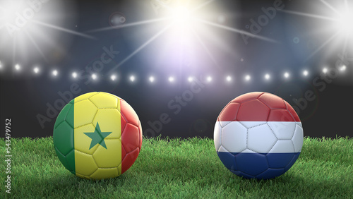 Two soccer balls in flags colors on stadium blurred background. Senegal vs Netherlands. 3d image © Sasha Strekoza
