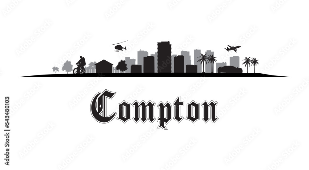 Compton, Los Angeles in California, United States Skyline, Urban Hood Landscape in vector graphic artwork. Gothic font, black silhouette design.