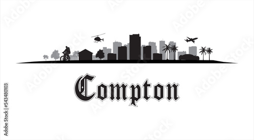 Compton, Los Angeles in California, United States Skyline, Urban Hood Landscape in vector graphic artwork. Gothic font, black silhouette design. photo