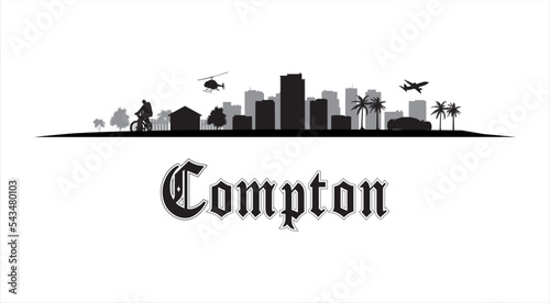 Obraz na płótnie Compton, Los Angeles in California, United States Skyline, Urban Hood Landscape in vector graphic artwork. Gothic font, black silhouette design. w salonie
