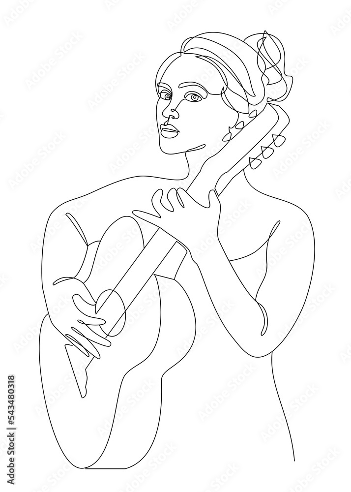 Silhouette of a beautiful woman with a guitar in a modern continuous line style. Girl guitarist, slender. Continuous line drawing, decor aesthetic outline, posters, stickers, logo. Vector illustration Silhouette of a beautiful woman with a guitar in a modern continuous line style. Girl guitarist, slender. Continuous line drawing, decor aesthetic outline, posters, stickers, logo. Vector illustration